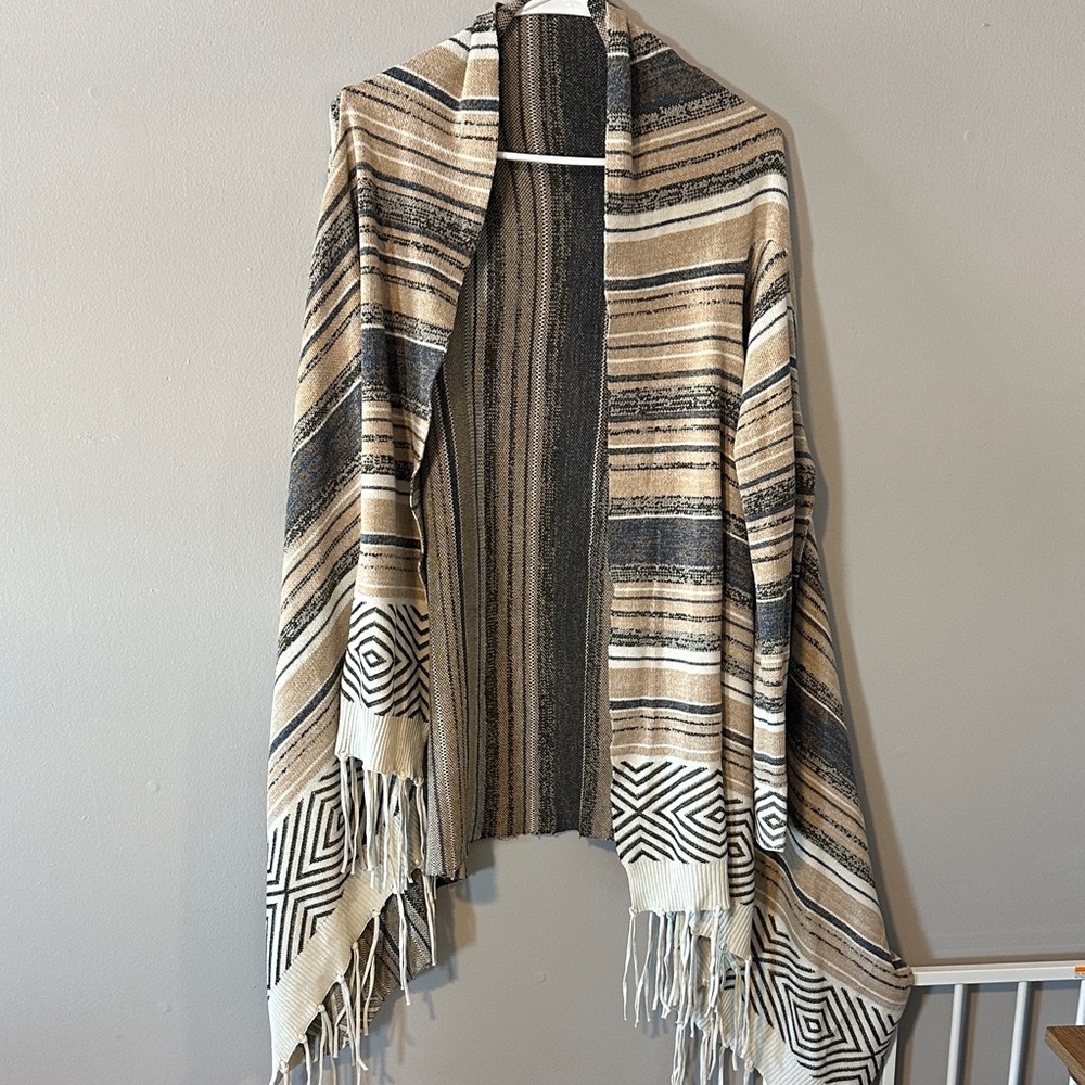 Orange Creek Textured Knit Shawl in Blue and Tan